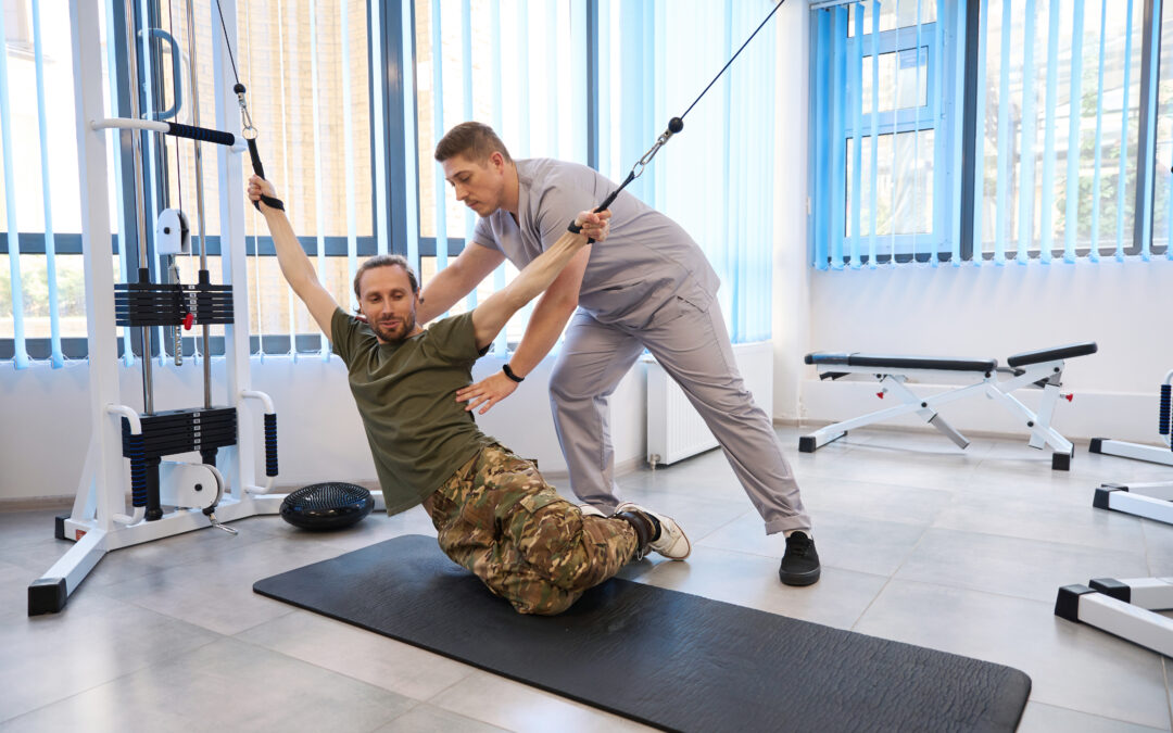 Professional instructor conducts a session of rehabilitation therapy